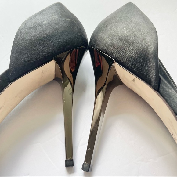 BCBGMAXAZRIA • d’Orsay Mirrored Stiletto Black Satin Peep Toe Pumps • Size 8 - Picture 5 of 12